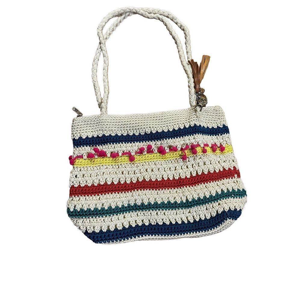 The Sak Crocheted Shoulder Bag‎ Medium Handbag Stripes with pink pom pom row